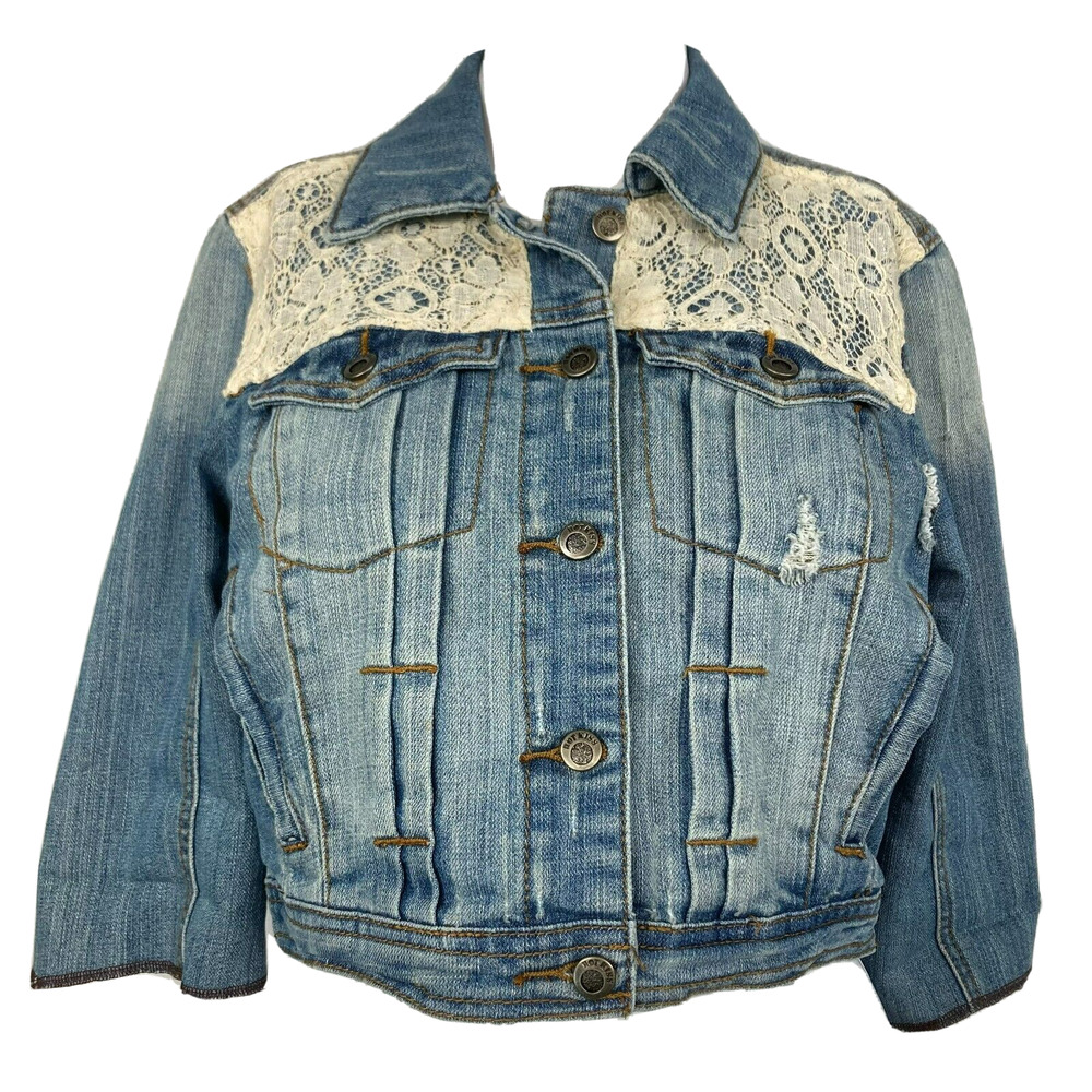 Hot Kiss Jacket Womens Sz M Blue Crop Jean Stretch Denim Lace Vintage 3/4 Sleeve